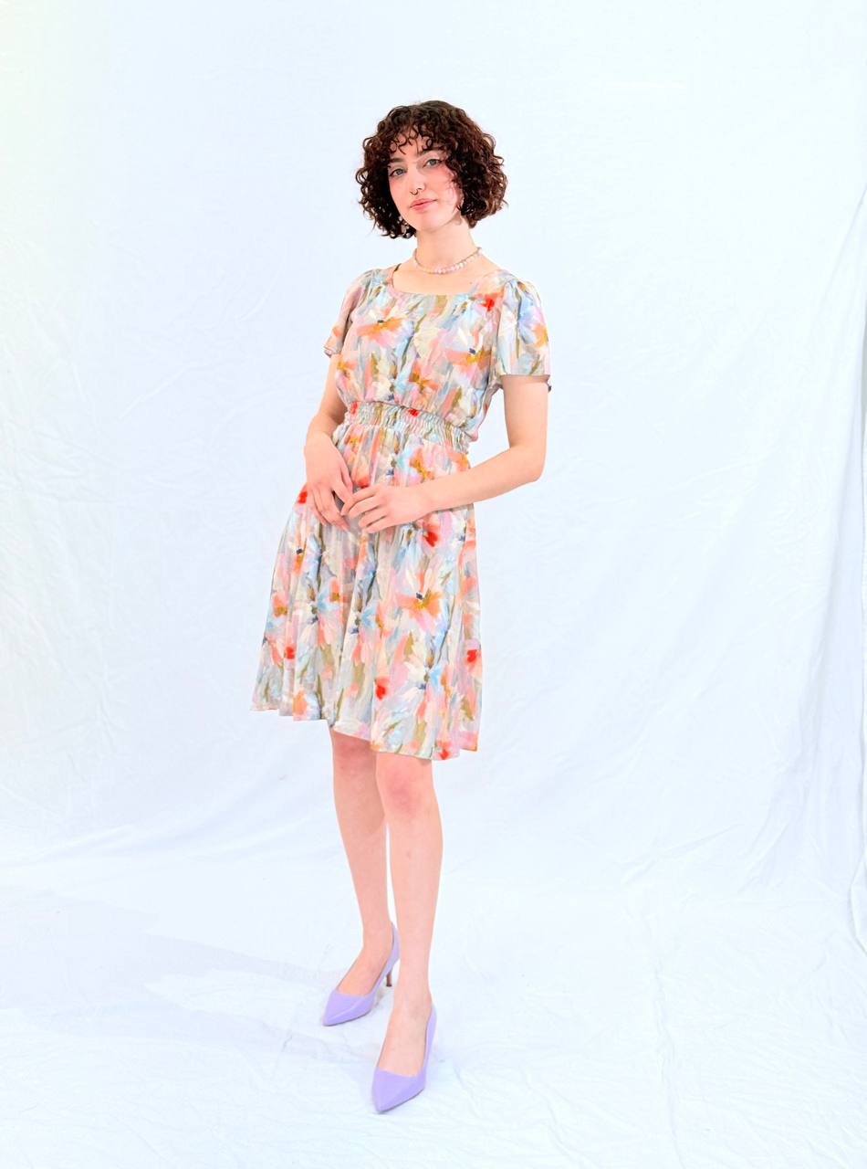 שמלת כחול שמיים- פרחים כתום