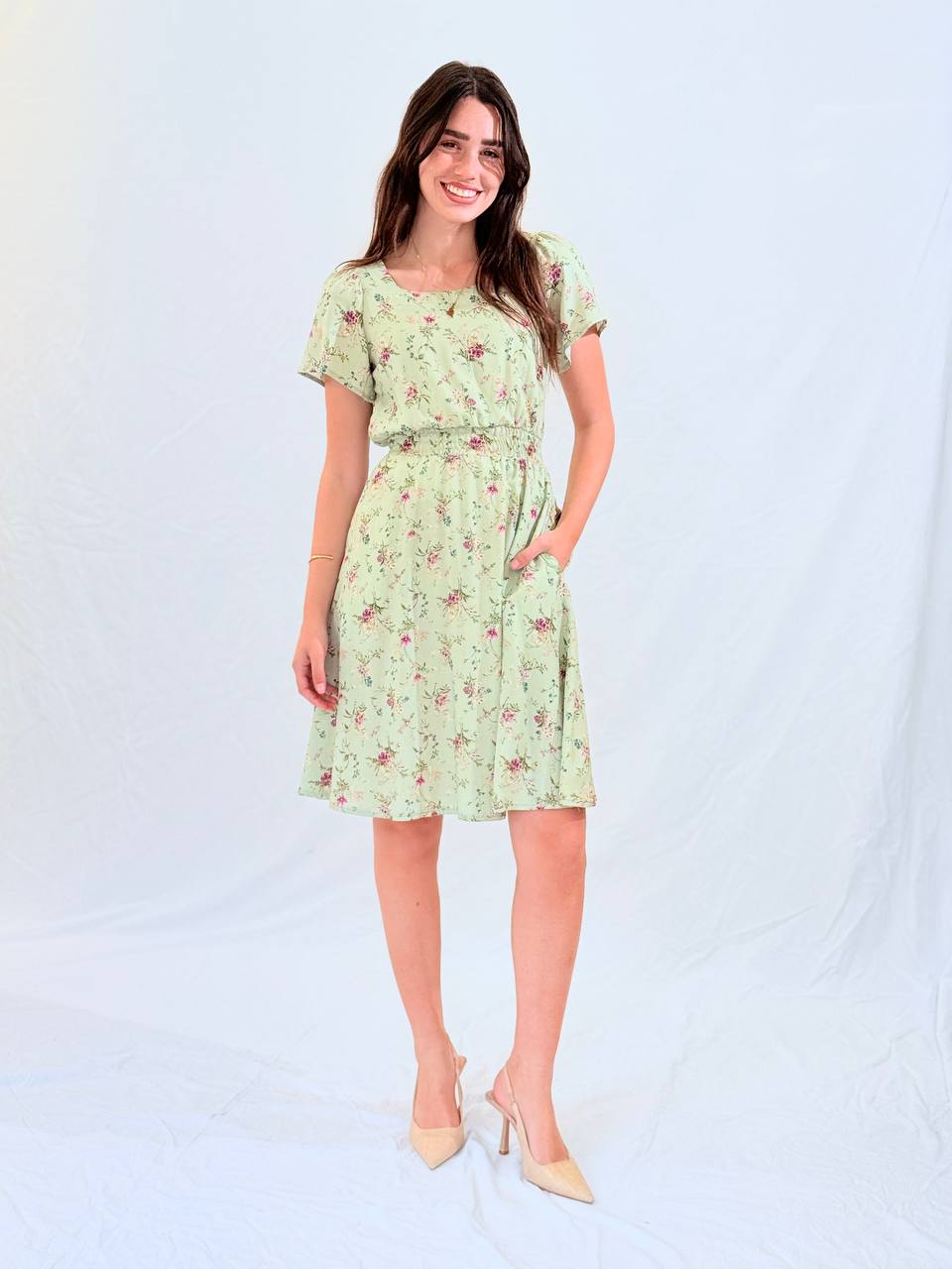 שמלת כחול שמיים- פרחים ירוק