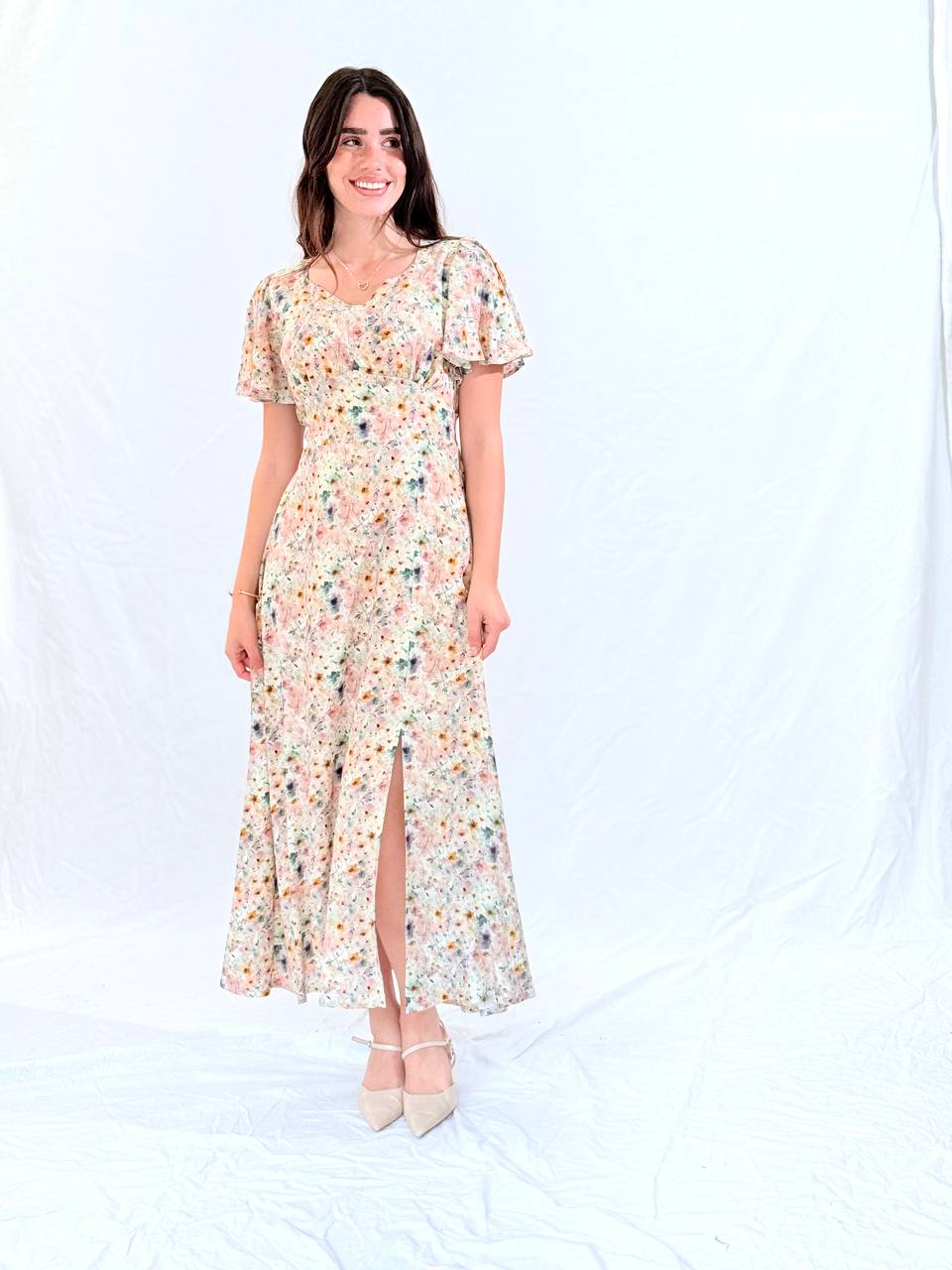 שמלת איזבל- פרחוני בז'